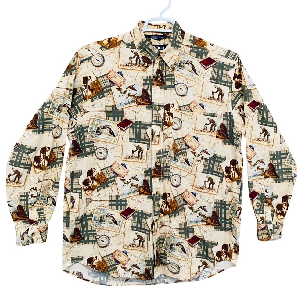 Nautica Mens Long Sleeve Button Down‎ Shirt All Over Print Size M Hunting